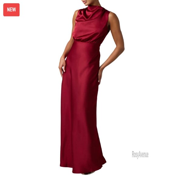 Satin Maxi Dress with Back Cutout Mock Neck Size XS